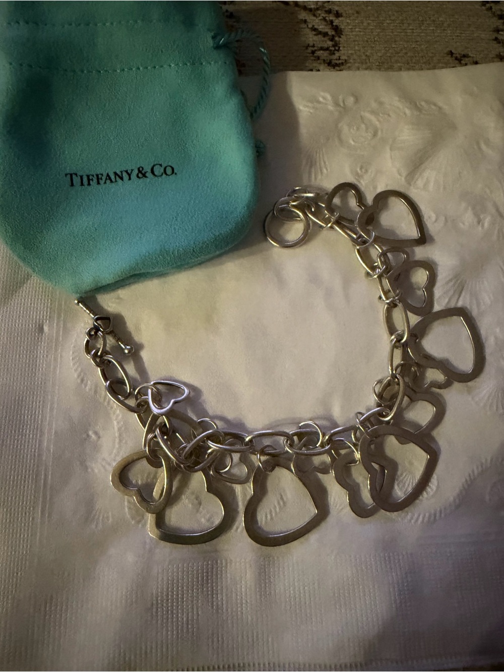 Tiffany & Co. Silver Heart Link Necklace with Multiple Open Hearts with pouch